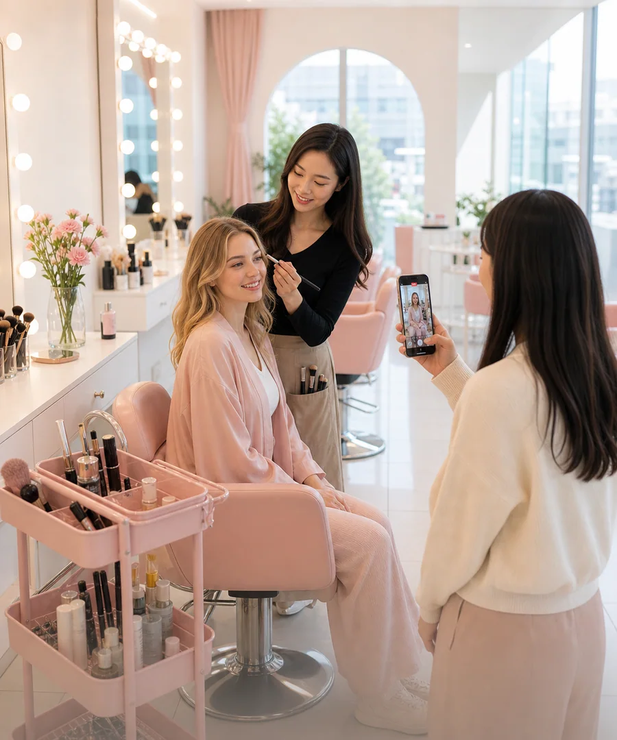 A bright Seoul beauty salon where a traveler films a glow-up session
