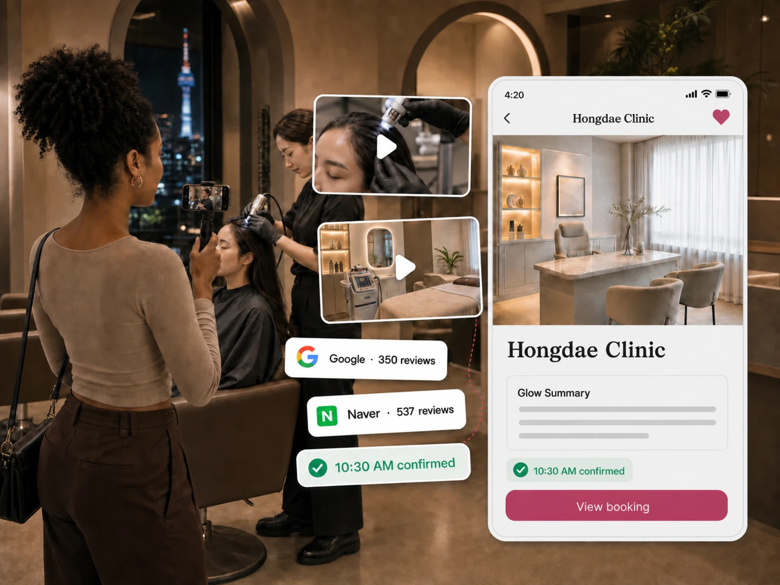 A traveler filming herself in a warm Seoul beauty space with vlog thumbnails, review cards, a 10:30 AM confirmed chip and the Hongdae Clinic booking screen.