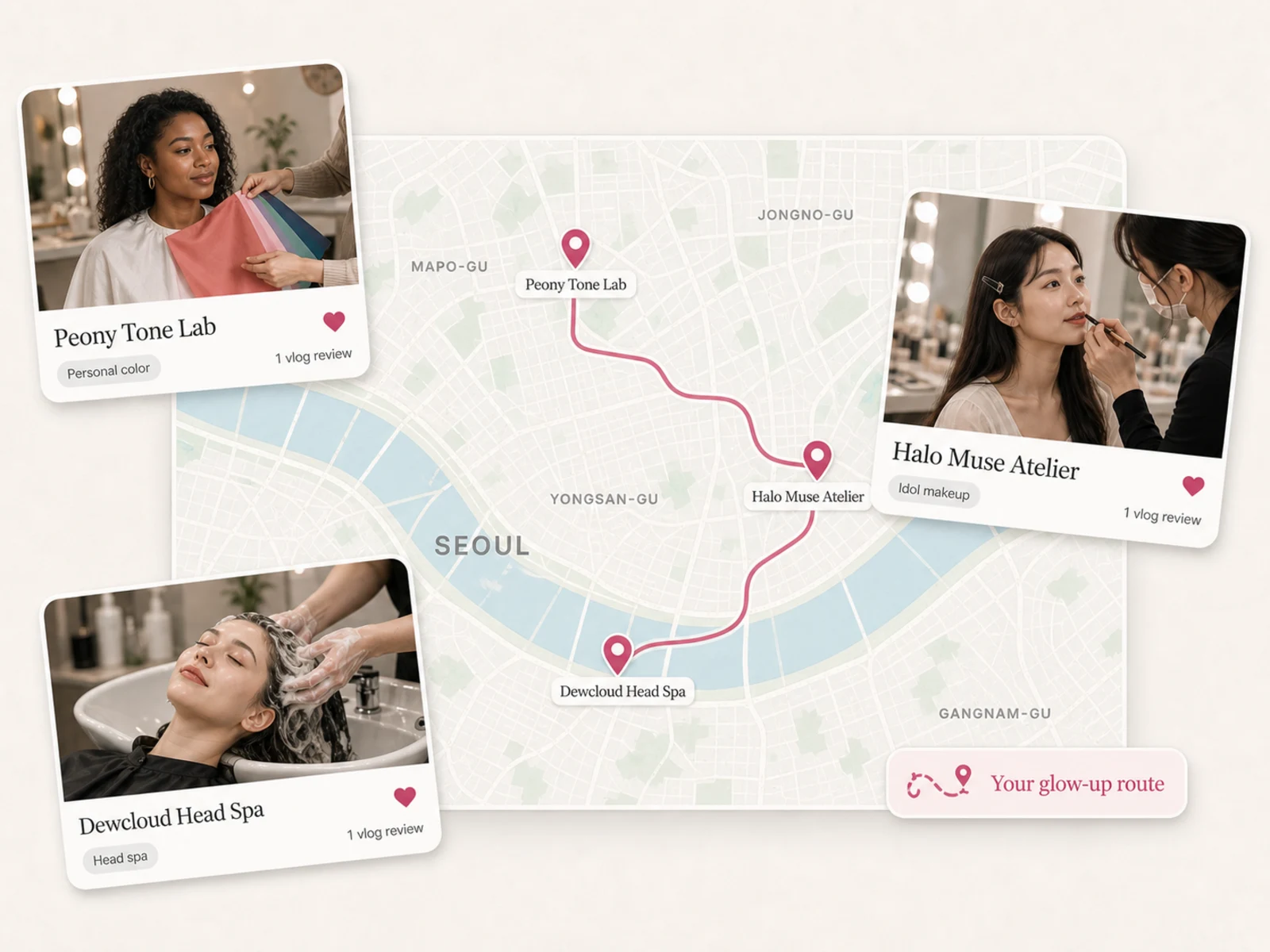 Three saved beauty experiences connected over the real wish map with rose location pins.